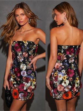 Endless Rose Black Strapless Floral Embroidered Mini Dress